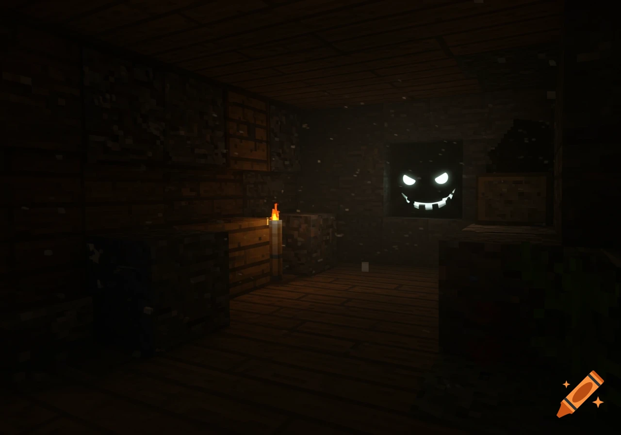 A dimly lit Minecraft-style room with a glowing, spooky face in a window.