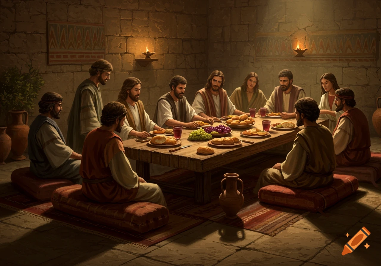 Men in ancient attire gather around a wooden table in a stone-walled room, eating by lamplight in a realistic painting.