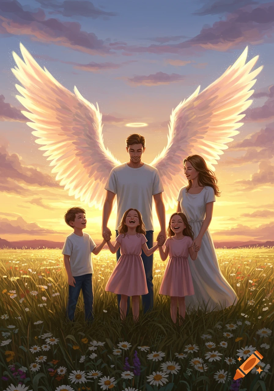 A family of four, including an angelic father with large wings and a halo, stands in a vibrant meadow at sunset.