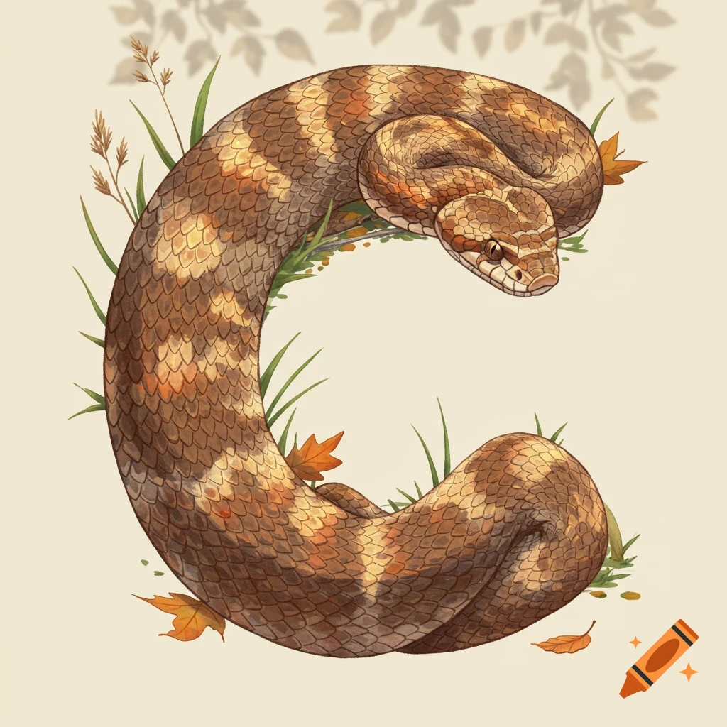 An illustration of a hognose snake curled into the shape of the letter C, surrounded by grass and autumn leaves.