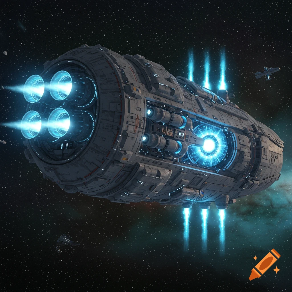 A large, detailed spaceship with multiple glowing blue thrusters and a bright blue reactor core floats in space.