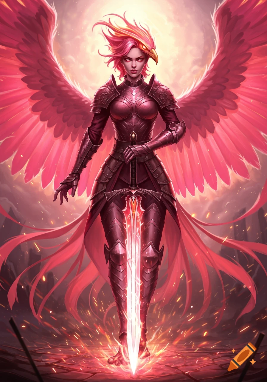 A fierce female phoenix warrior with pink wings and a bird-like helmet stands in dark armor, holding a glowing red sword amidst fiery sparks.