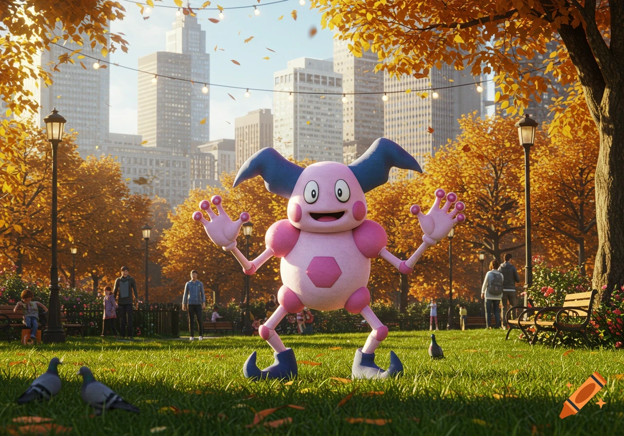 Photorealistic Mr. Mime stands in an autumn city park with fall foliage, buildings in background, and pigeons on the grass.