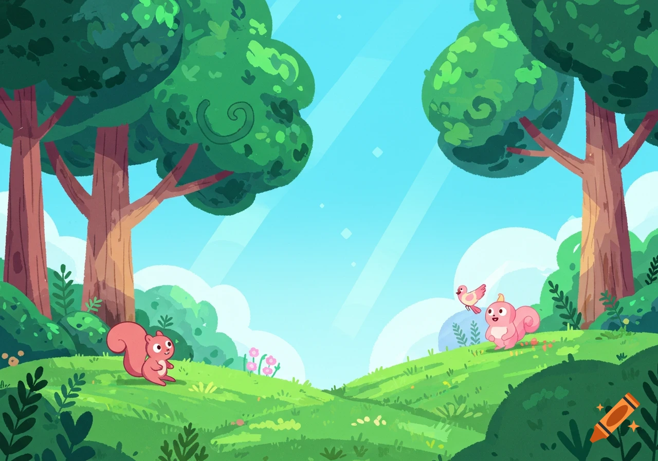 Vibrant cartoon landscape in Steven Universe style with two pink squirrels, a bird, green trees, and a blue sky.