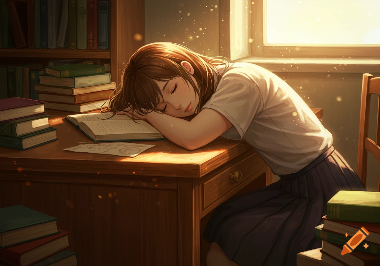 Anime-style illustration of a brown-haired girl sleeping with her head on an open book at a sunlit wooden desk, surrounded by stacks of books.