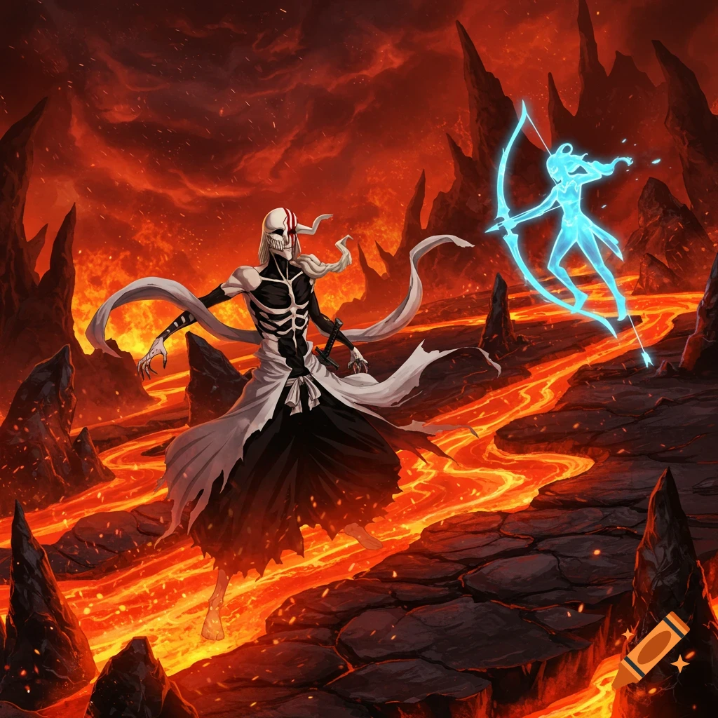 Anime-style skeleton-like character in white robes faces a glowing blue archer in a fiery, volcanic landscape with lava.