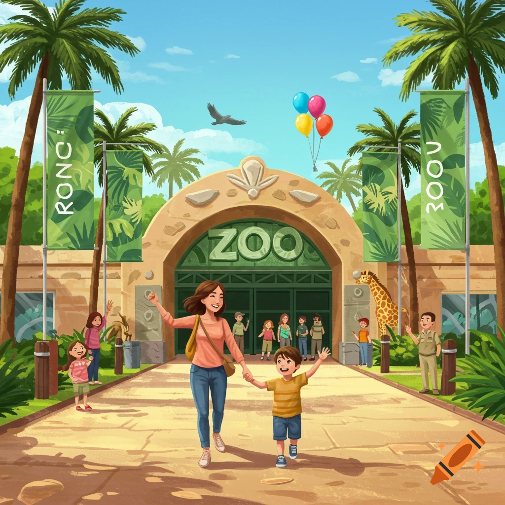 A mother and her young son happily enter a zoo, holding hands, with a giraffe statue and other people in the background.