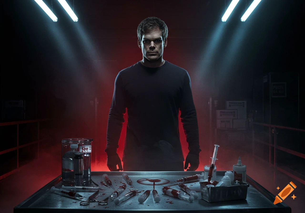 A man in a dark shirt stands behind a table with bloodied syringes and medical tools, bathed in red and blue light.