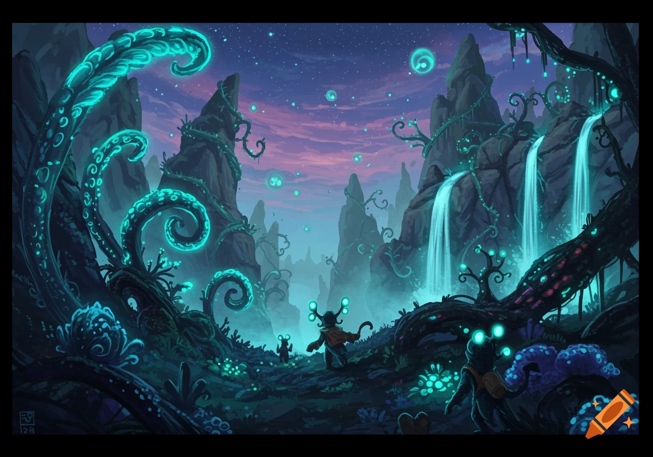 Bioluminescent alien jungle with glowing plants, waterfalls, and alien creatures under a starry purple sky, fantasy art.