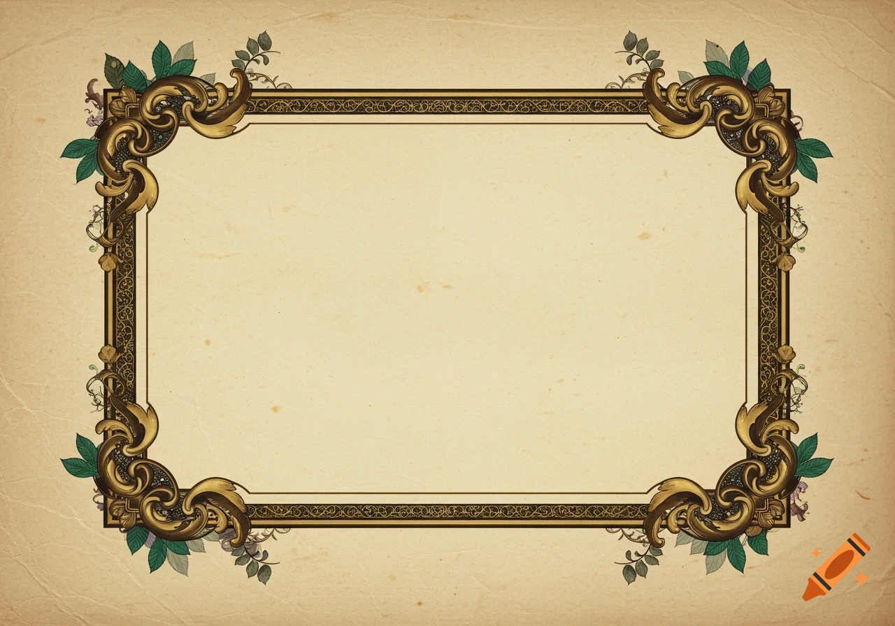 Ornate vintage frame with gold scrollwork and green leaves on an aged paper background.