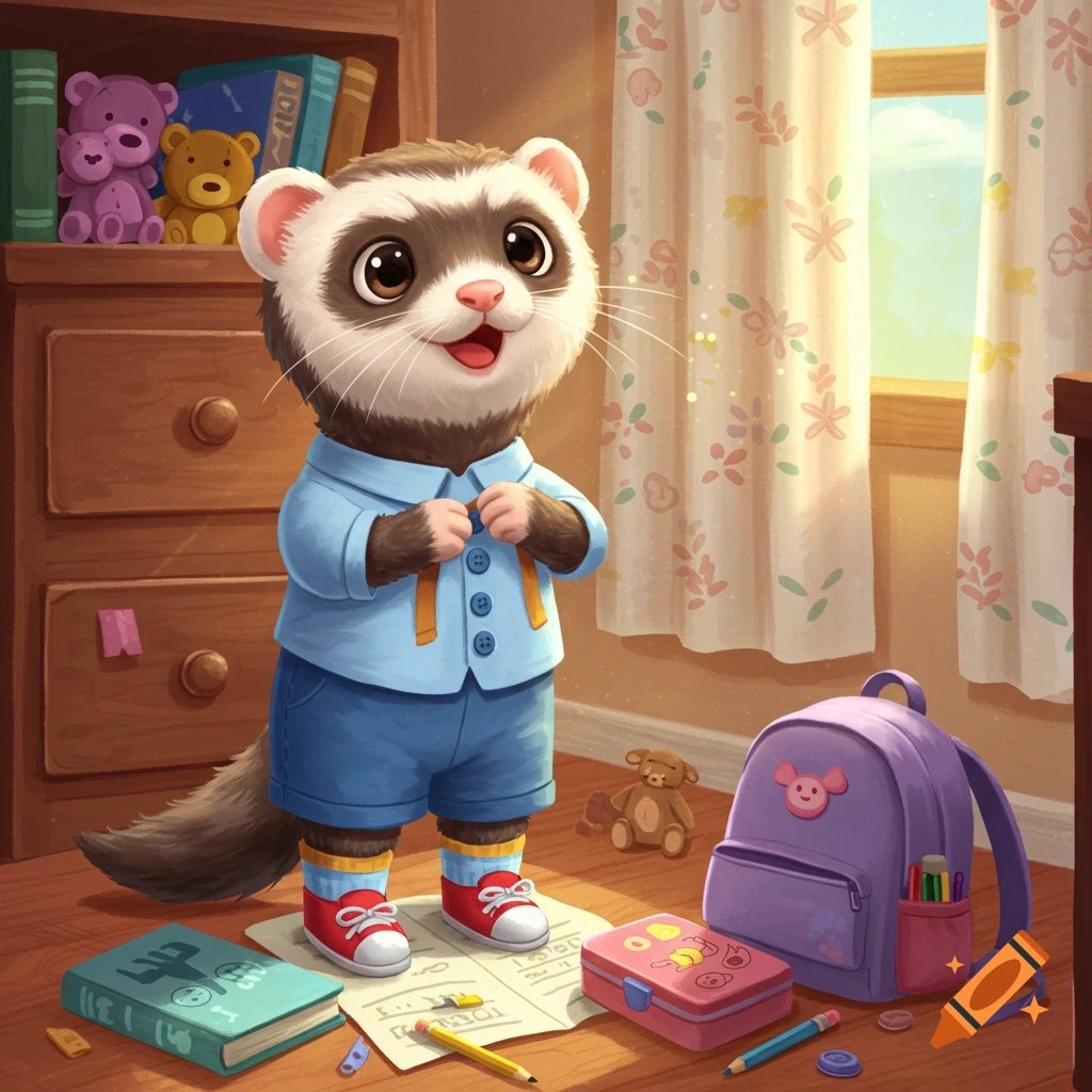 A cute cartoon ferret dressed in a blue shirt and shorts, standing on a paper next to school supplies, getting ready for school.