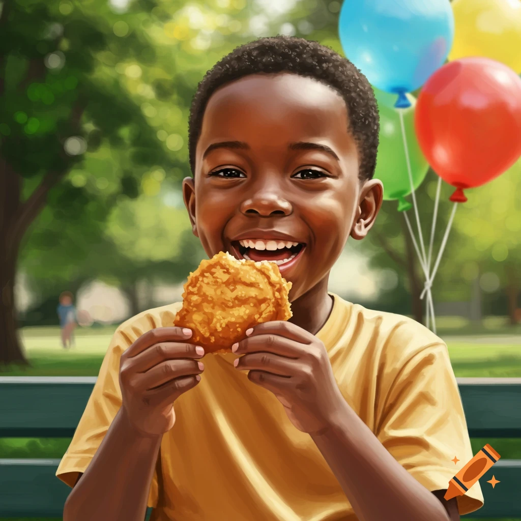 A happy Black boy with short hair smiles broadly while eating a piece of fried chicken in a park, with colorful balloons in the background.