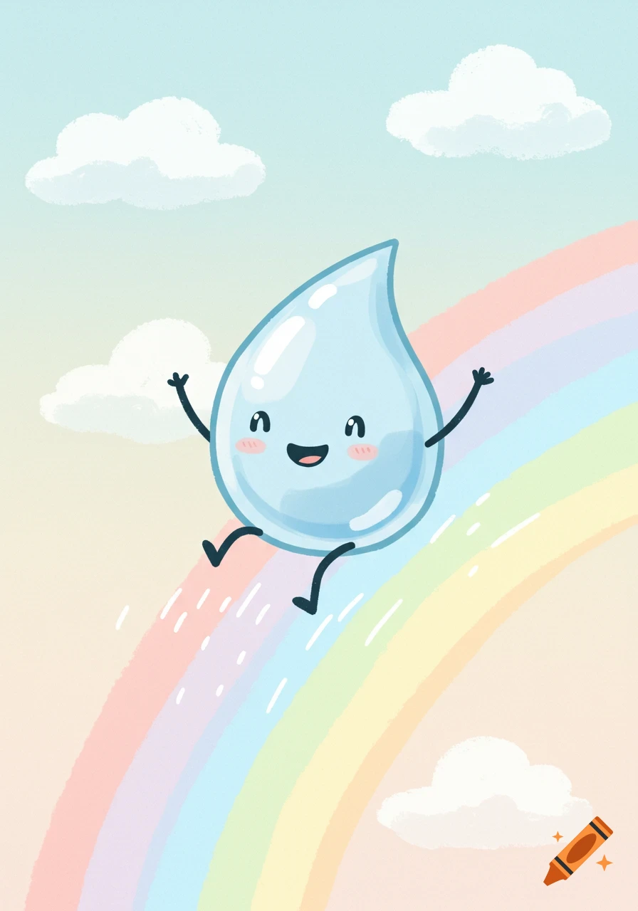 A cute light blue cartoon water droplet with a happy face slides down a pastel rainbow, with its arms and legs swinging up in a hand-drawn style.