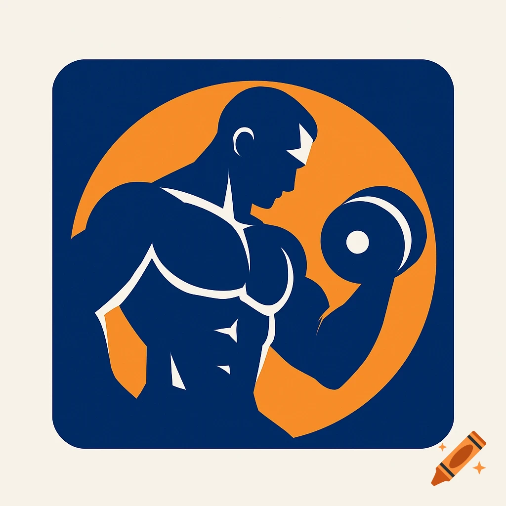 A stylized blue silhouette of a muscular man lifting a dumbbell, set against an orange circle background, within a rounded square.