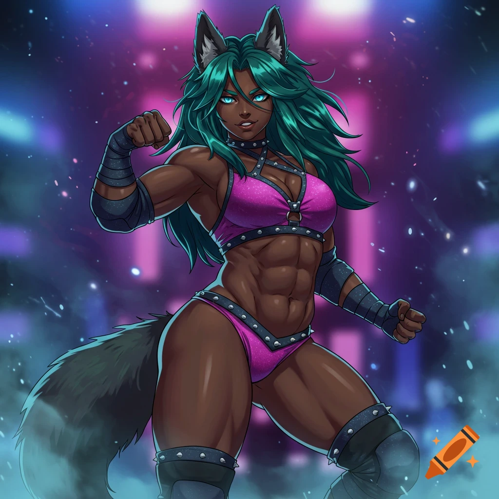 A muscular dark-skinned woman with green hair, wolf ears, and a tail in a pink wrestling outfit flexes her bicep in an anime style.