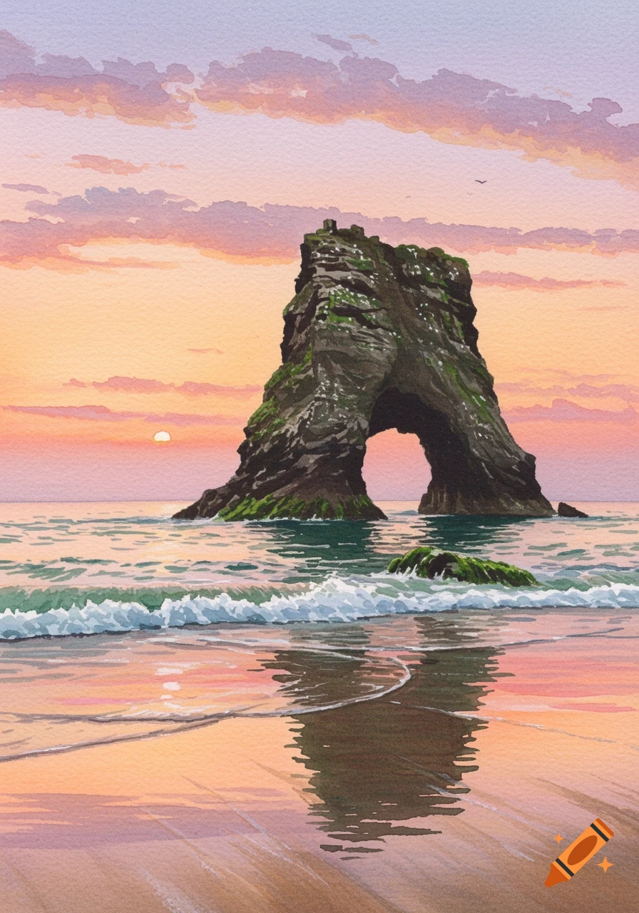 Watercolor painting of Chapel Rock sea arch in Perranporth at sunrise, with waves on a sandy beach.
