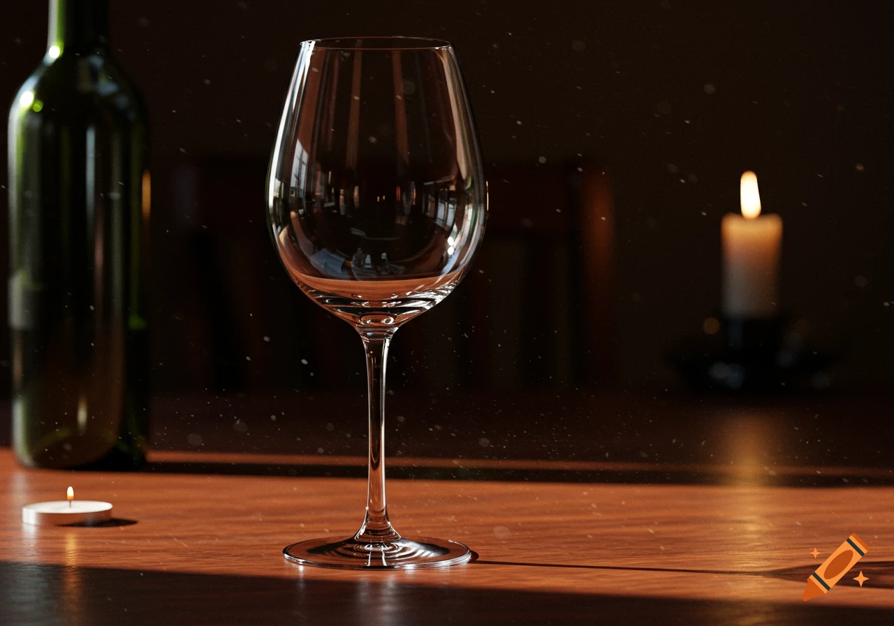 An empty wine glass on a wooden table, illuminated by candlelight, with a blurry wine bottle and another candle in the background.