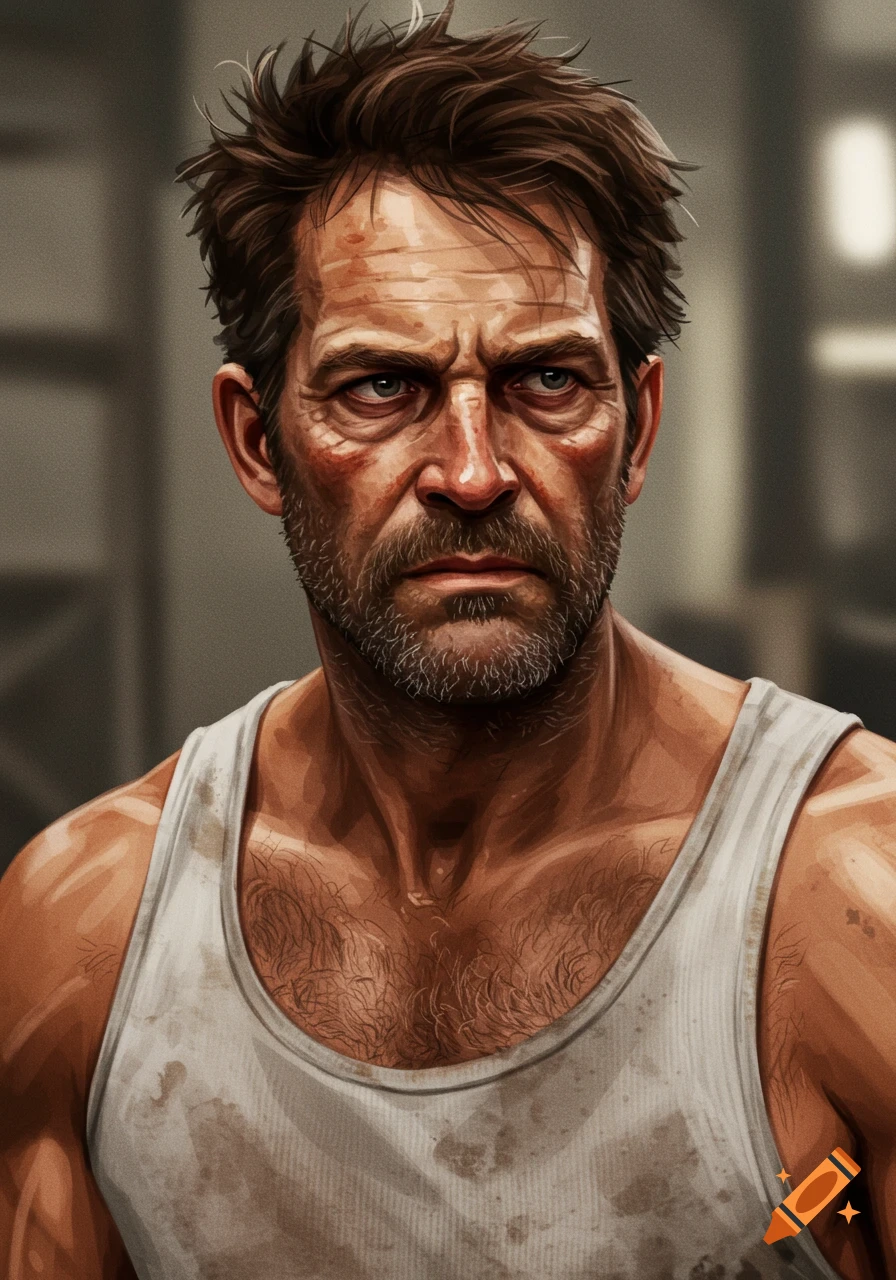 A close-up illustration of a gruff, tired man with a beard and messy hair, wearing a white tank top.