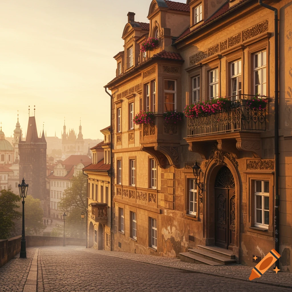 A cobblestone street slopes past ornate historic buildings at sunrise in Prague, with misty towers in the background.