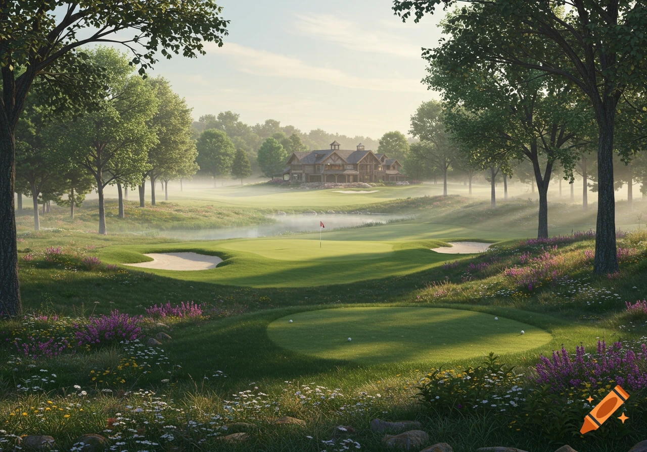 A serene, misty golf course with a green, sand traps, a pond, and a large clubhouse surrounded by lush trees.