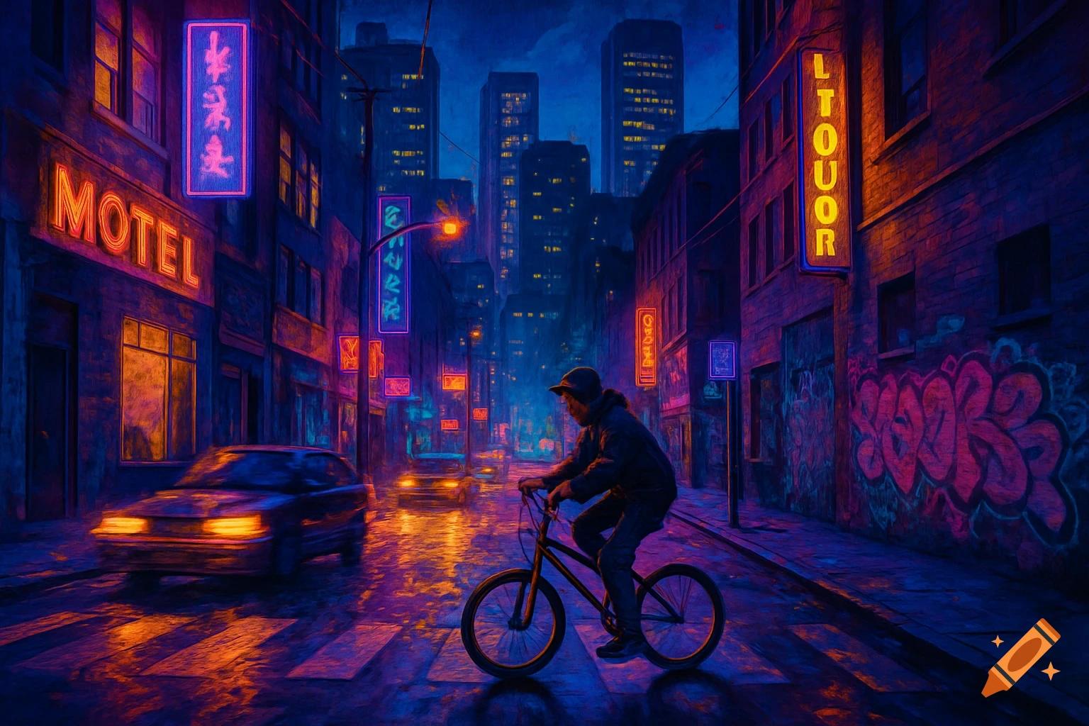 A person rides a bicycle down a neon-lit city street at night, with buildings and cars visible under a dark blue sky.