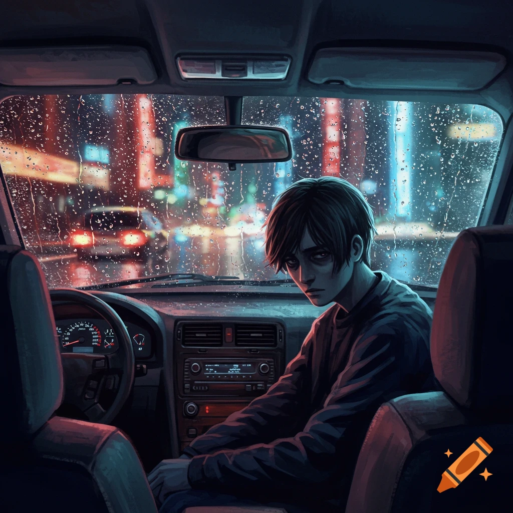 An anime-style man sits in a car looking sad, with raindrops on the windshield and blurred city lights outside at night.
