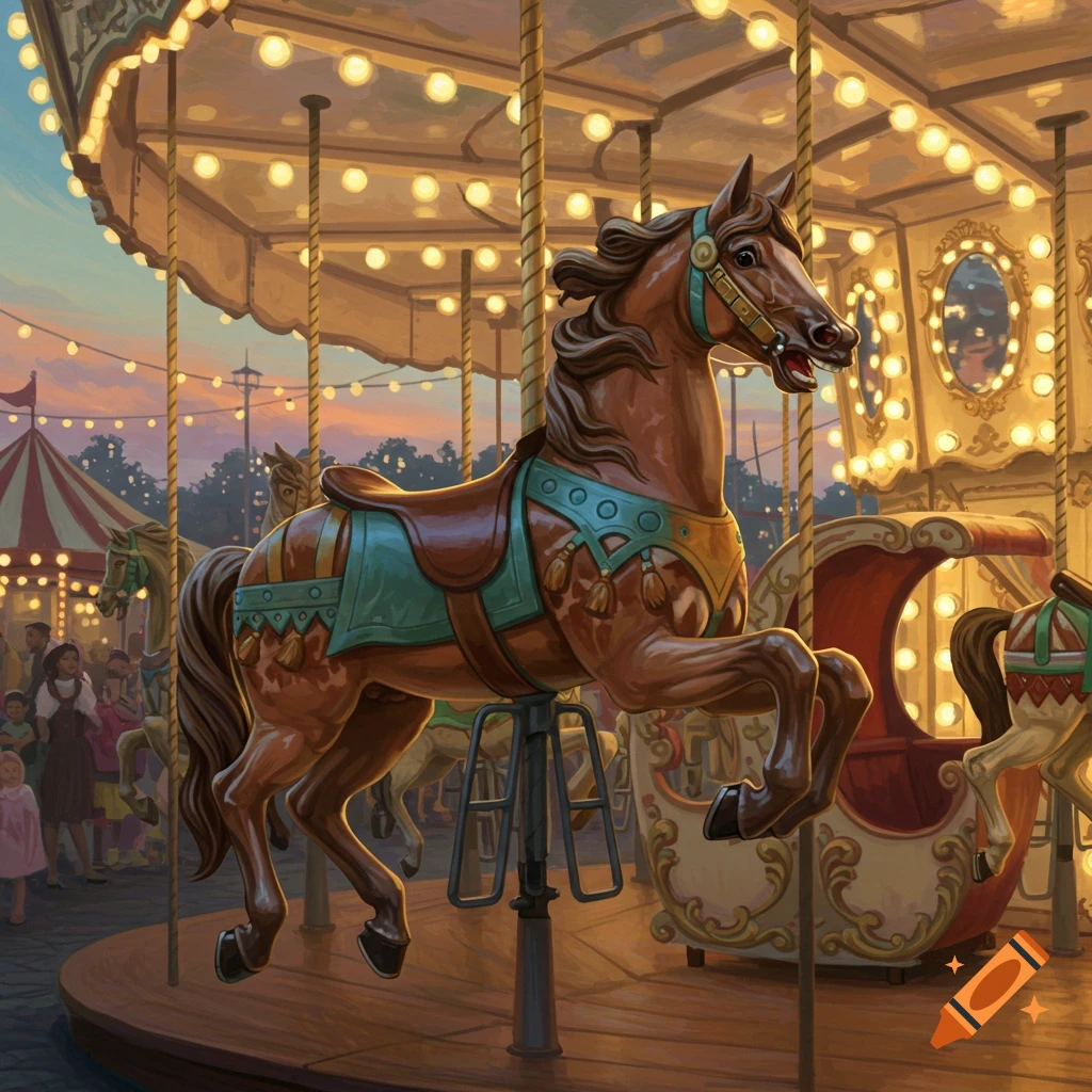 A brown carousel horse on a brightly lit carousel at dusk, with fairgoers and a red and white striped tent in the background.