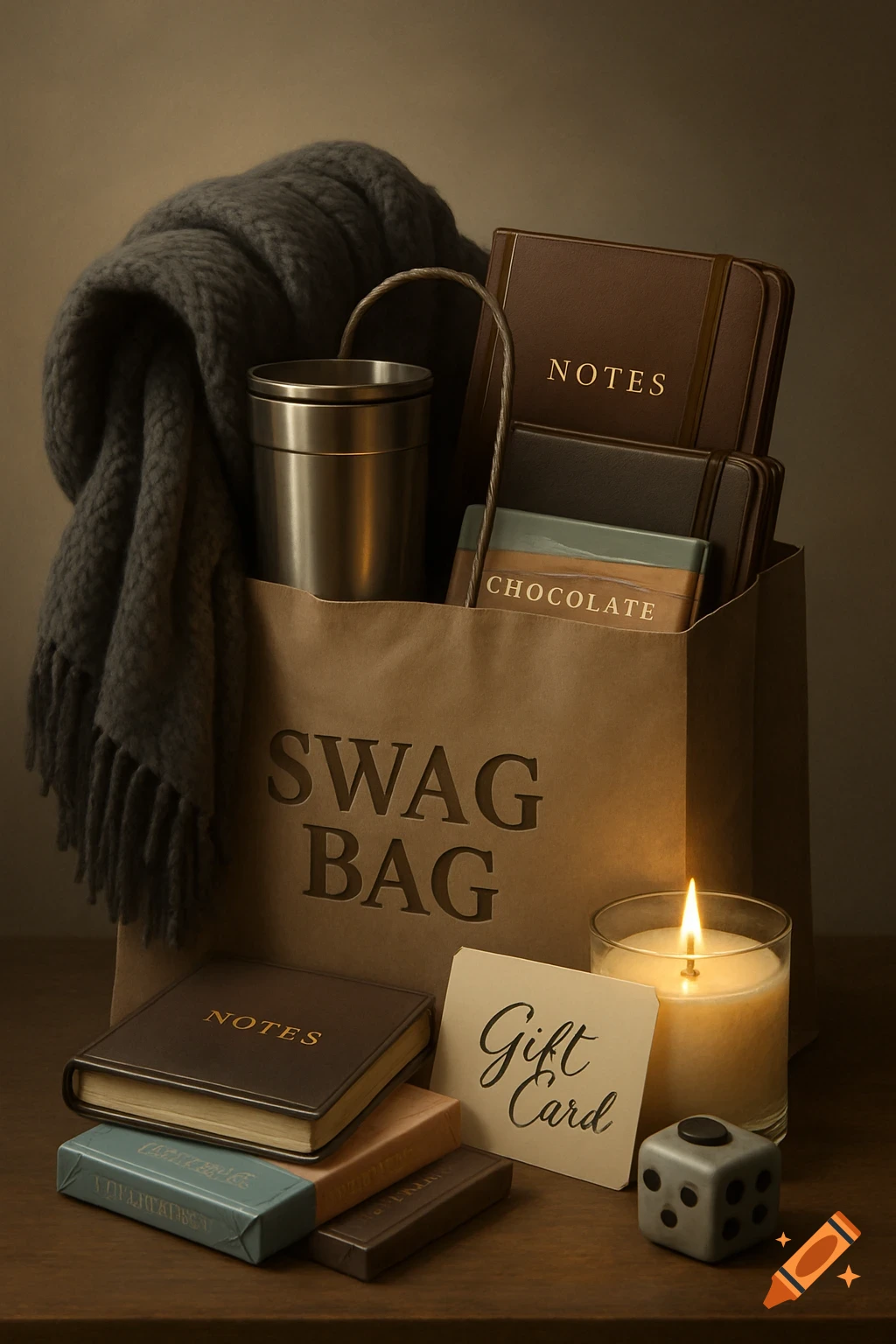 A photorealistic still life image of a swag bag filled with a gray blanket, a silver thermos, brown notebooks, and a chocolate bar. On the table next to the bag are more notebooks, a gift card, a lit candle, and a gray fidget cube.