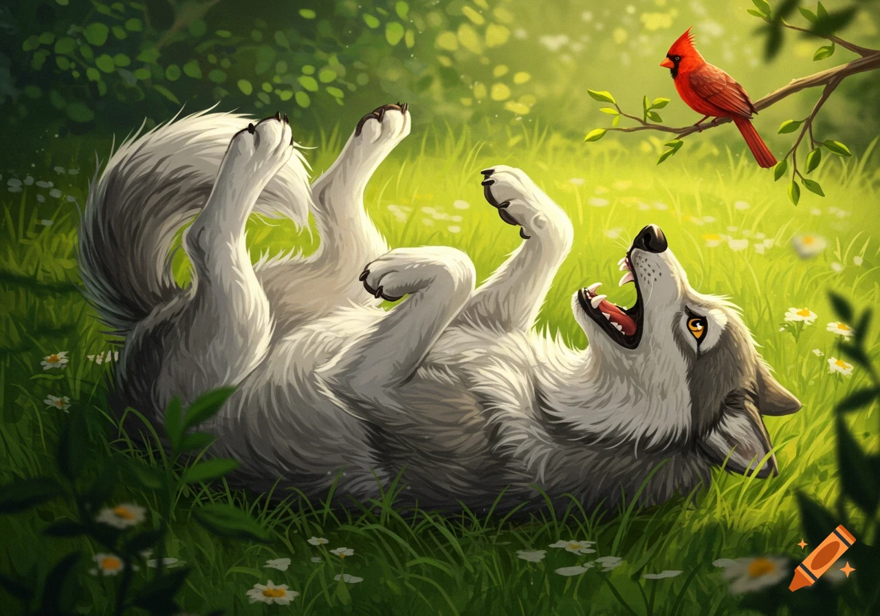 An illustration of a happy grey wolf lying on its back in green grass, looking up at a red cardinal bird perched on a branch.