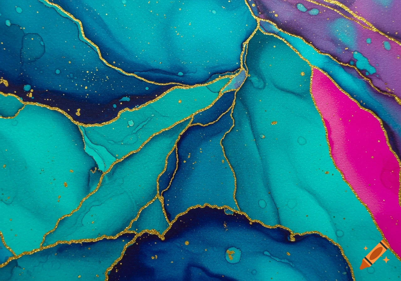 An abstract close-up of flowing teal, blue, purple, and magenta colors with glittering gold lines and specks, resembling ink or marbling art.