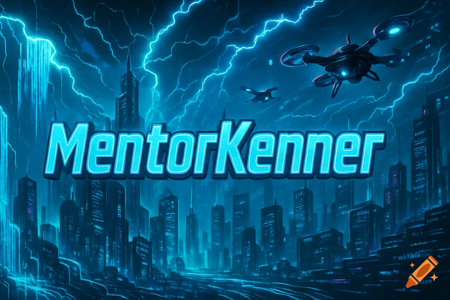 A futuristic blue-toned city skyline with lightning, drones, and the glowing text 'MentorKenner' in the foreground.