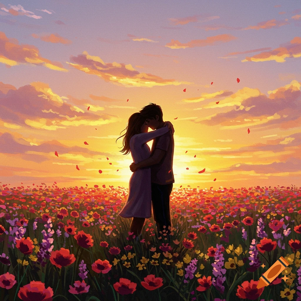 An illustration of a couple embracing in a vibrant field of flowers under a dramatic sunset sky with falling petals.