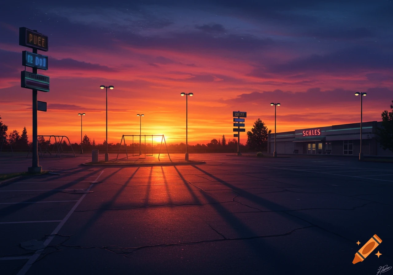 An empty parking lot and a building under a vibrant orange and purple sunset sky, with long shadows stretching across the asphalt.