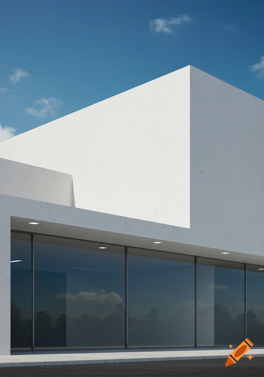 A minimalist white building with large reflective glass windows reflecting the sky, set against a blue sky with white clouds.