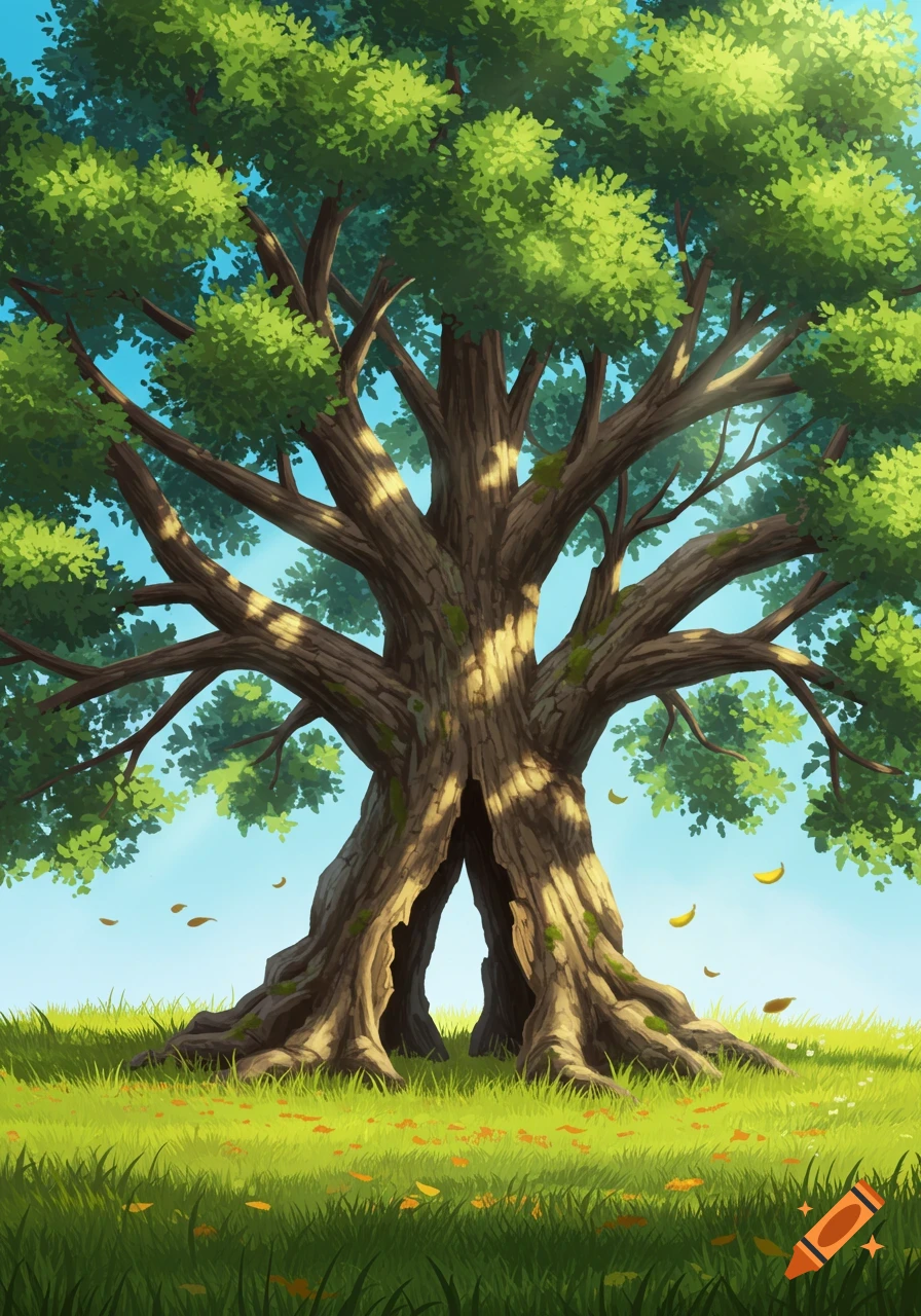 A vibrant cartoon illustration of a large, old tree with green leaves and a split trunk in a sunny grassy field.
