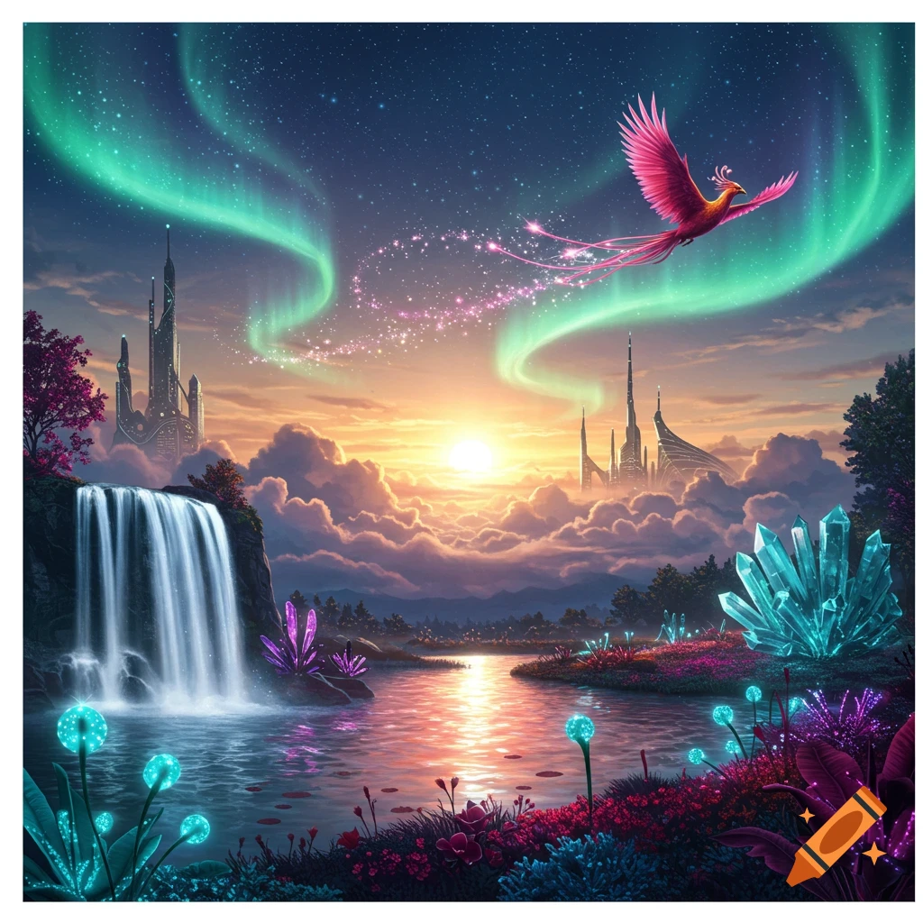 A vibrant fantasy landscape with a phoenix flying under an aurora, futuristic cities, a waterfall, a reflective lake, and glowing crystals.