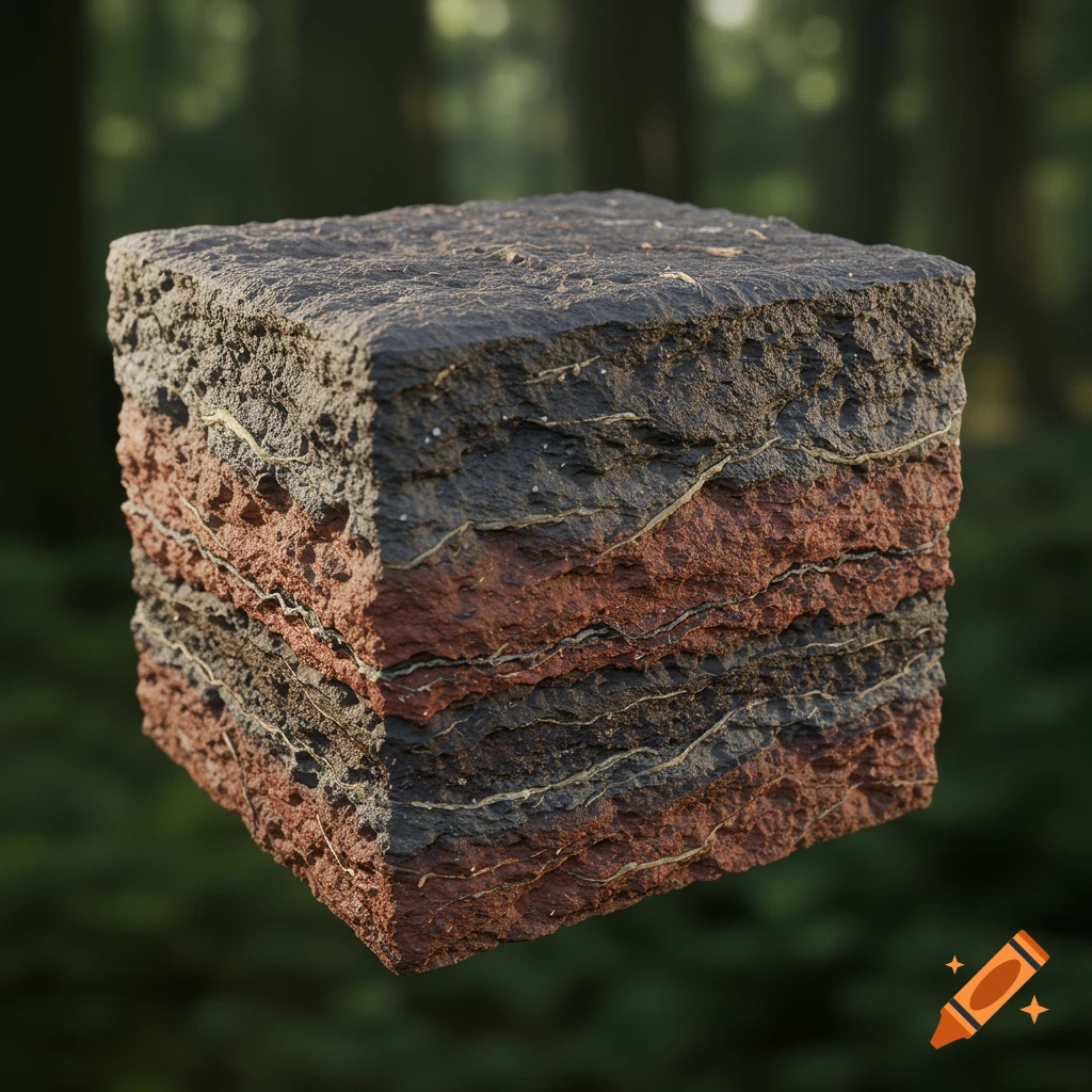 A photorealistic cube of layered podzol soil with visible roots, against a blurred green background.