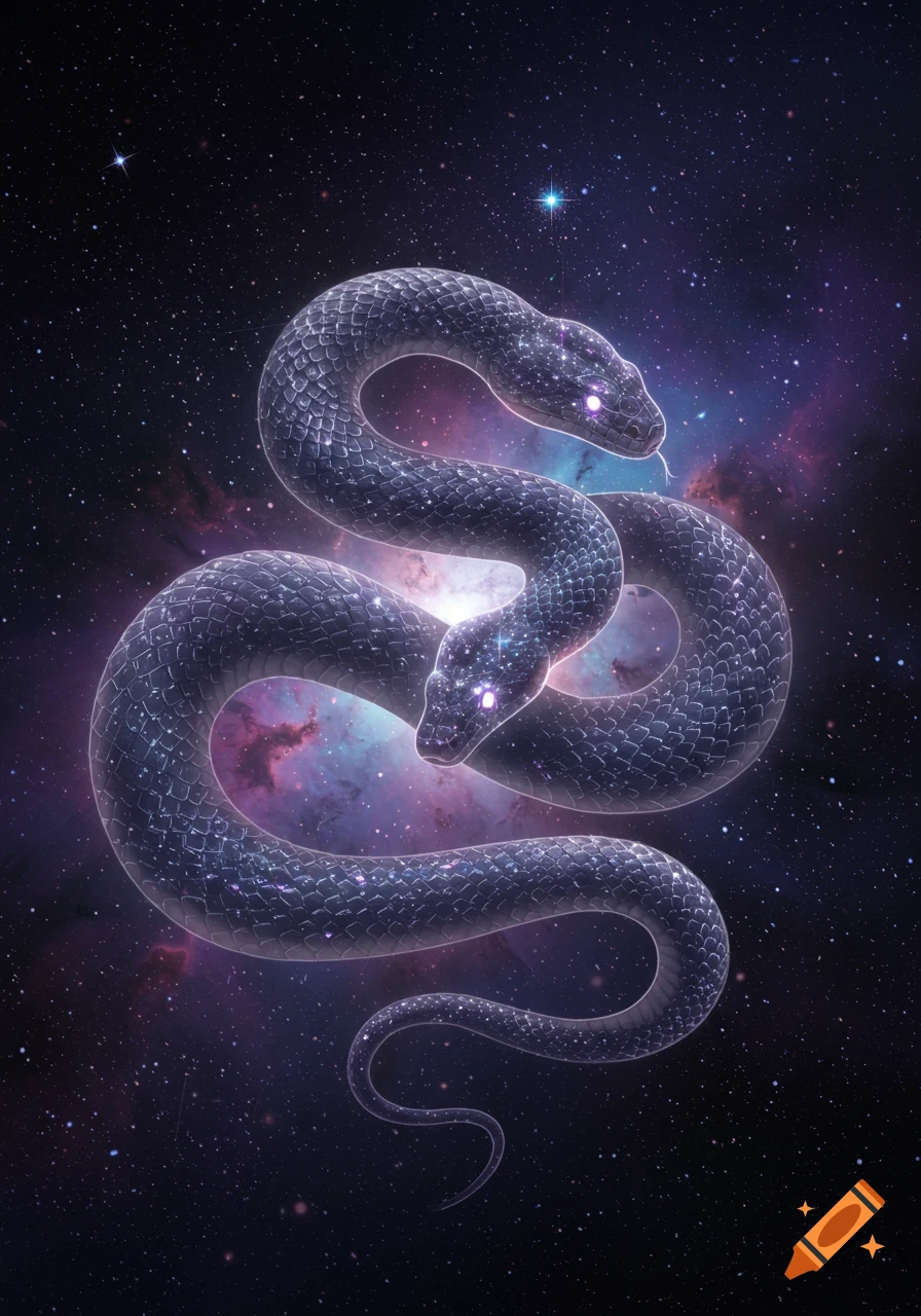 A two-headed celestial snake with a starry body glows against a vibrant nebula and starry background.