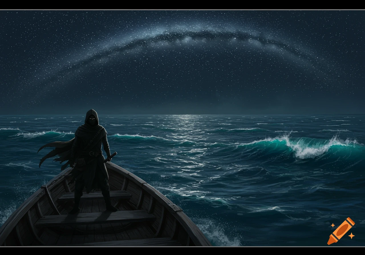 A hooded figure stands on a small wooden boat on a dark, star-lit ocean with a luminous sky arc, in a fantasy art style.