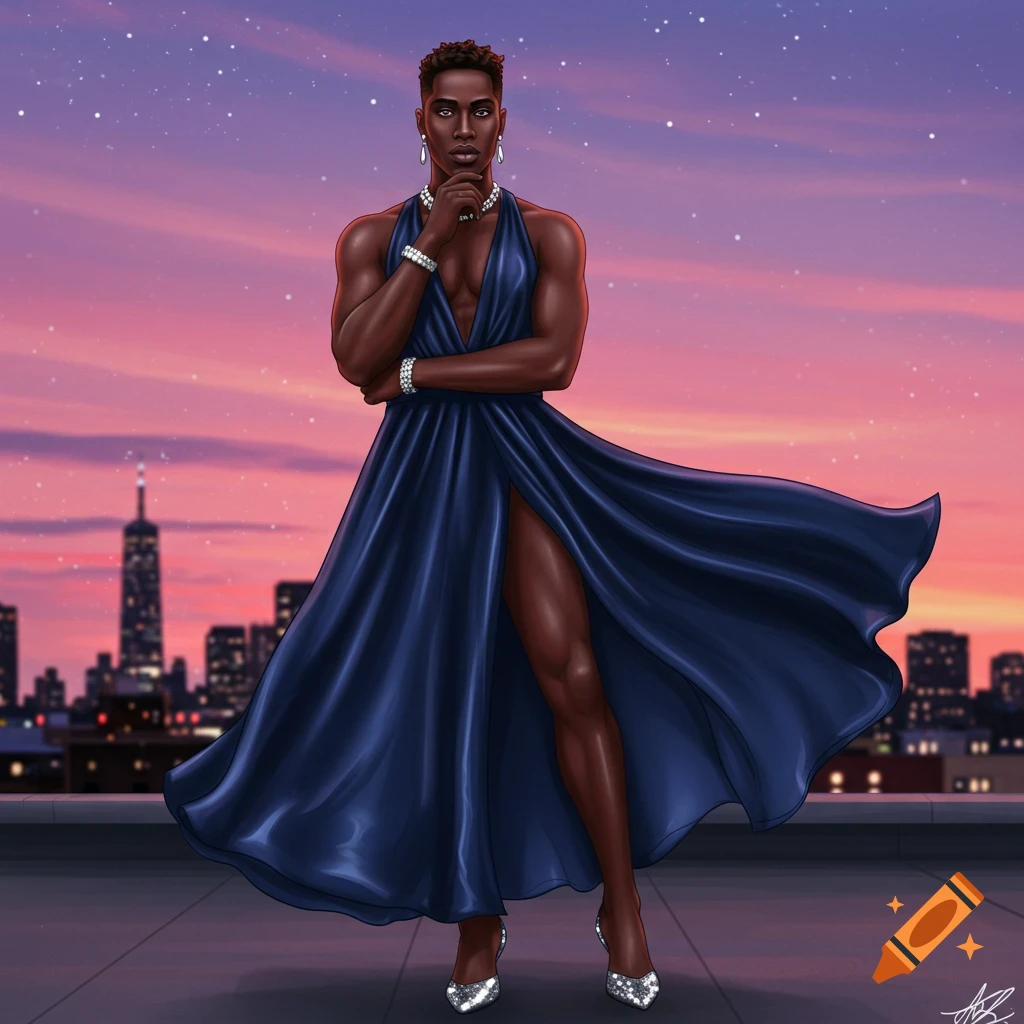 A person in a flowing blue dress with a high slit and silver heels poses on a rooftop against a city skyline at sunset in a digital art style.