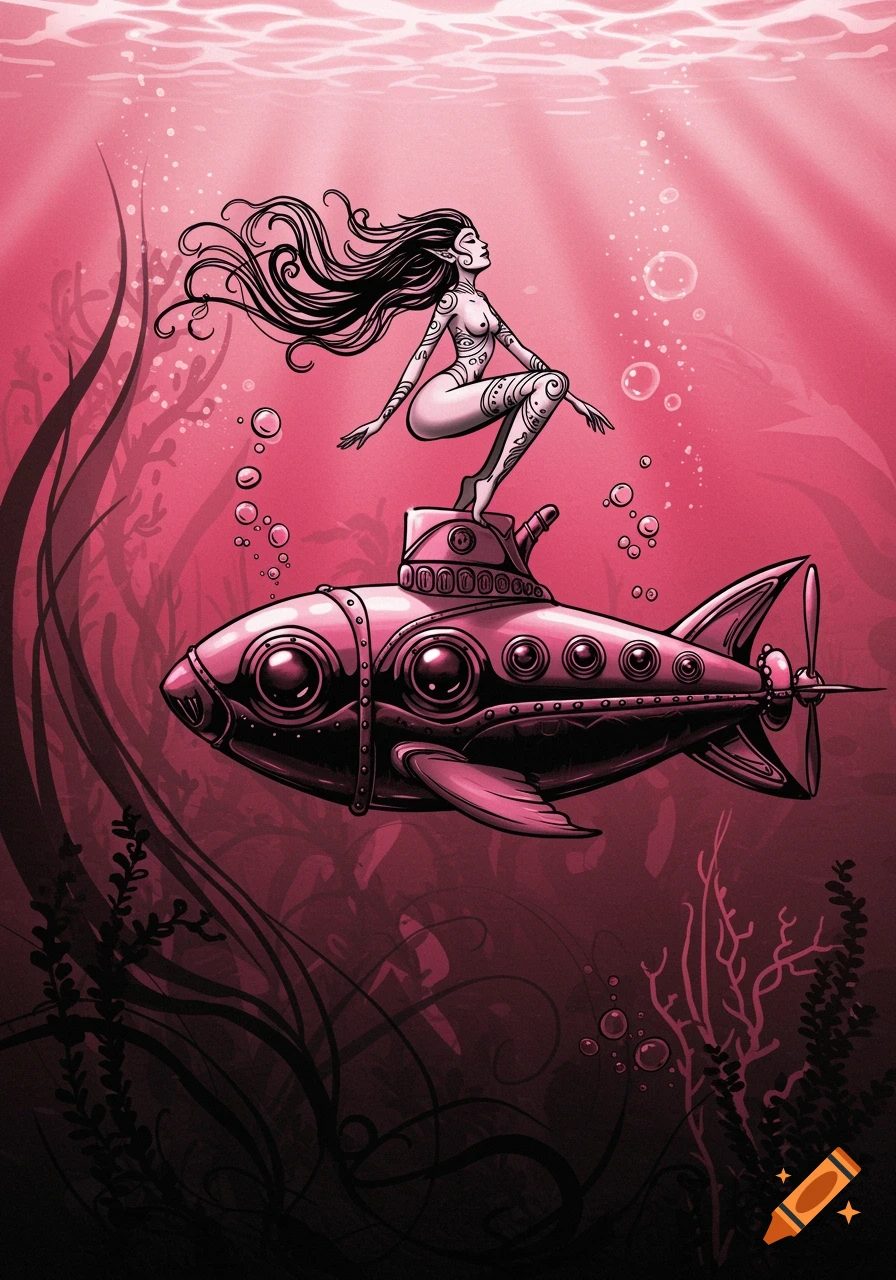 Stylized Art Nouveau illustration of a woman perched on a fish-shaped submarine underwater, rendered in shades of pink, black, and white.