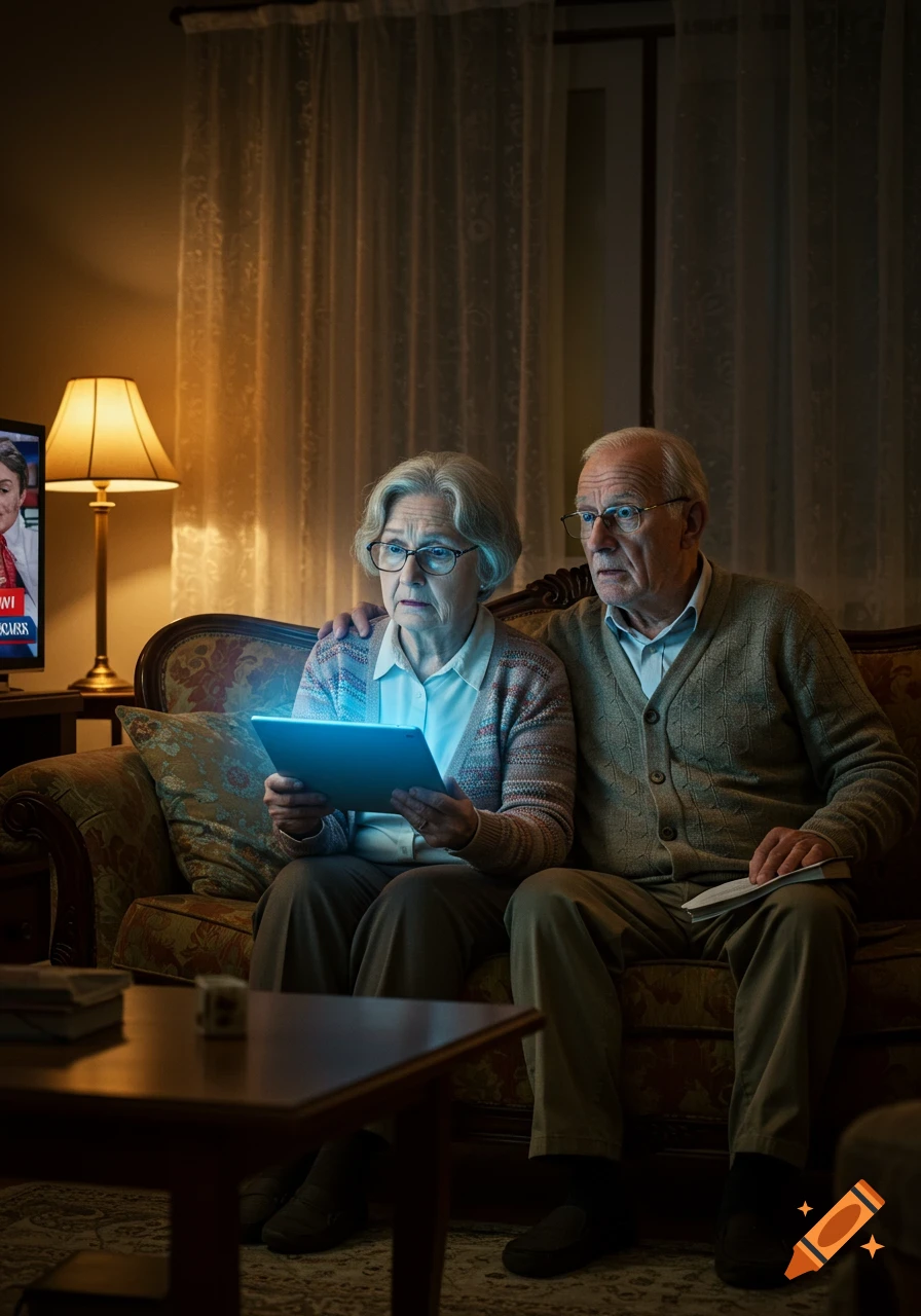 An elderly couple sits on a couch, looking intently at a glowing tablet in a dimly lit living room with a TV in the background, photorealistic style.