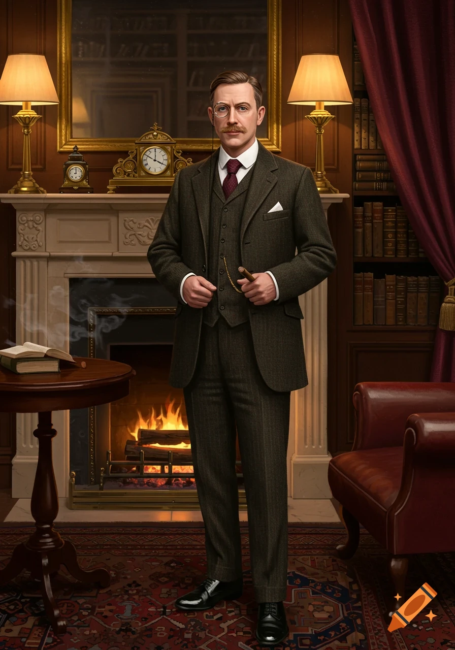 A photorealistic portrait of an English gentleman in a tweed suit with a monocle and mustache, standing by a fireplace in a study, holding a cigar.