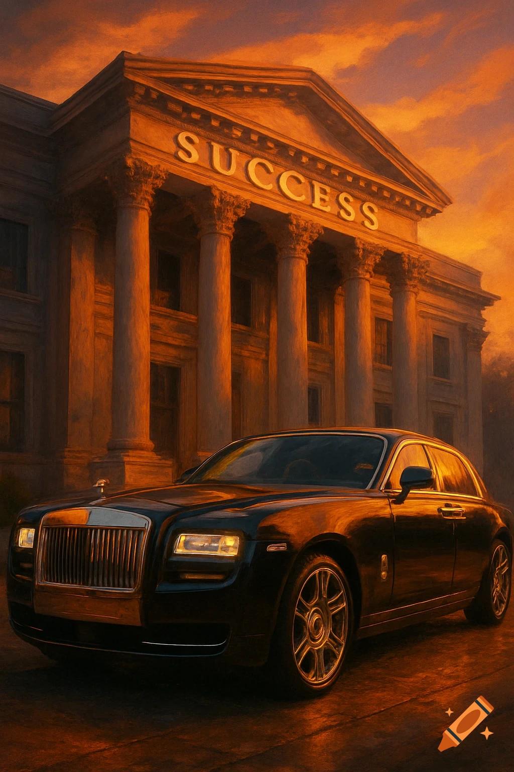 A black Rolls-Royce in front of a neoclassical building with "SUCCESS" on it, bathed in a golden sunset.