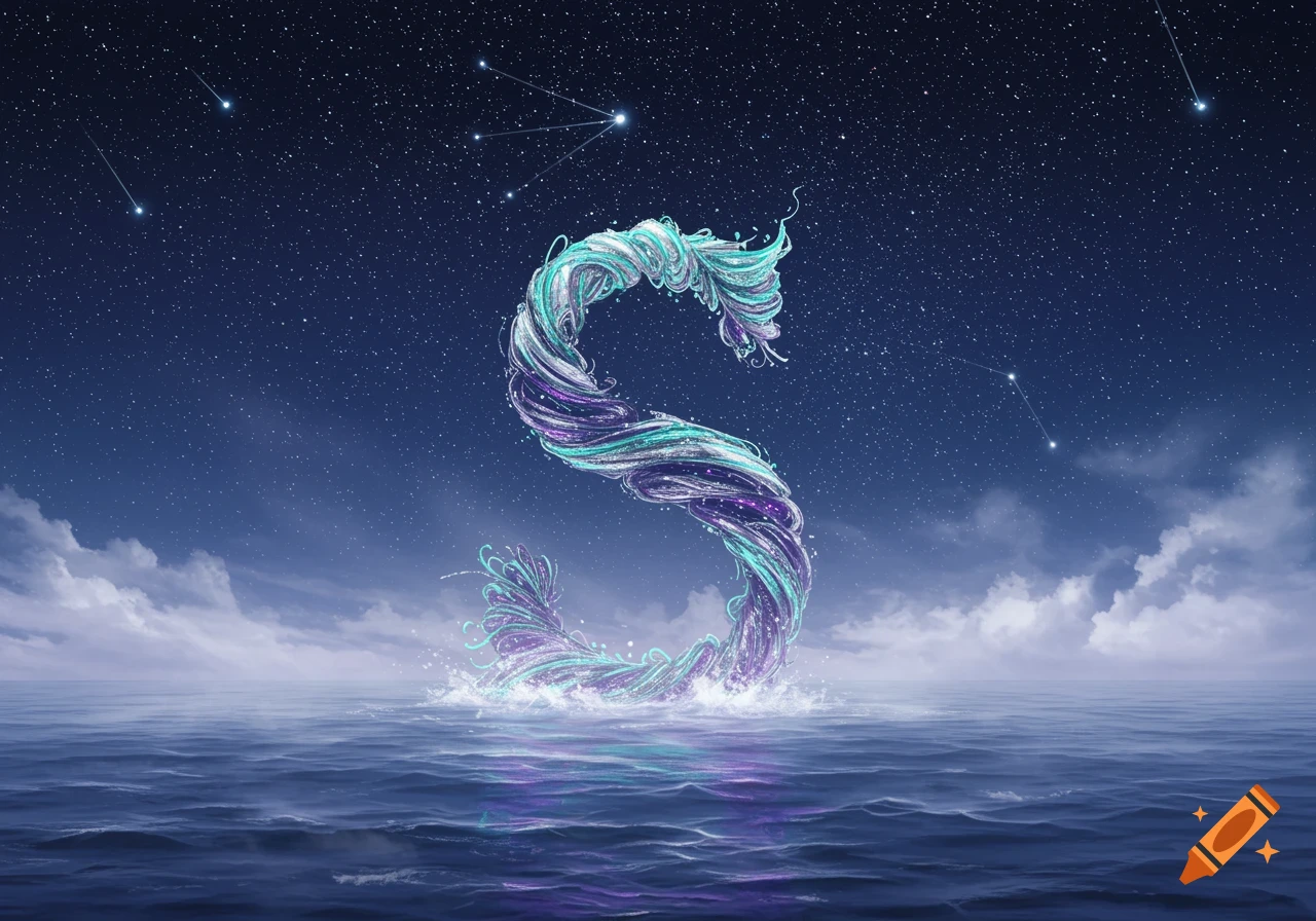 A large, stylized letter S made of glowing teal and purple tendrils rises from a dark blue ocean under a starry night sky.