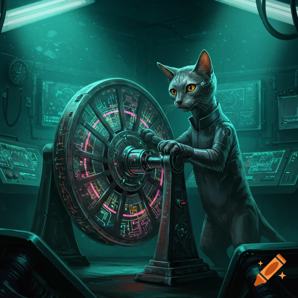 A grey cat in a dark, teal-lit sci-fi control room operates a large, glowing, circuit-patterned wheel.