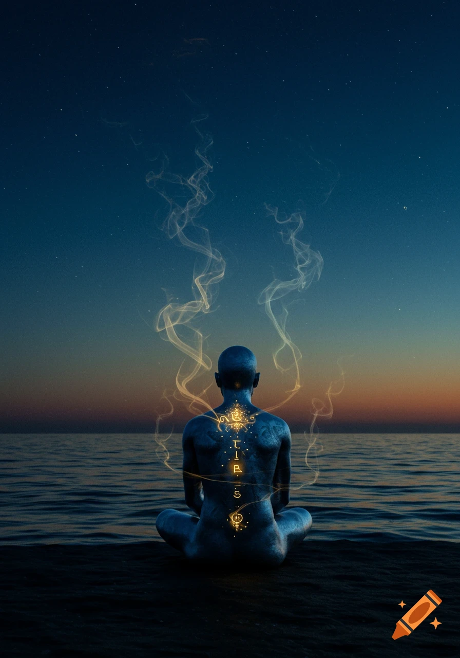 A bald figure in a meditative pose with glowing symbols on their back, sits facing a vast body of water under a twilight sky with stars. Wisps of light rise from their back.