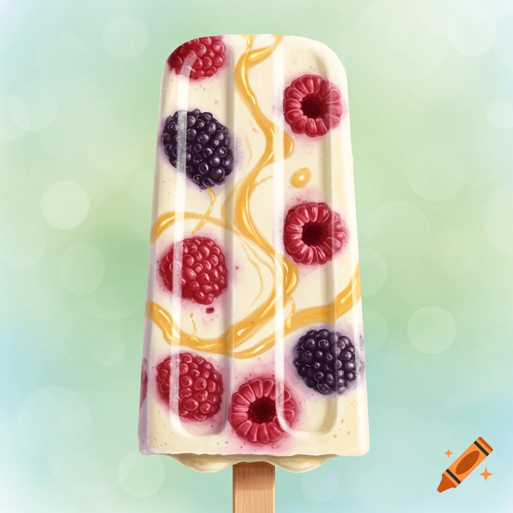 Creamy white popsicle with red raspberries, dark mulberries, and honey swirls on a stick against a blurred green background.
