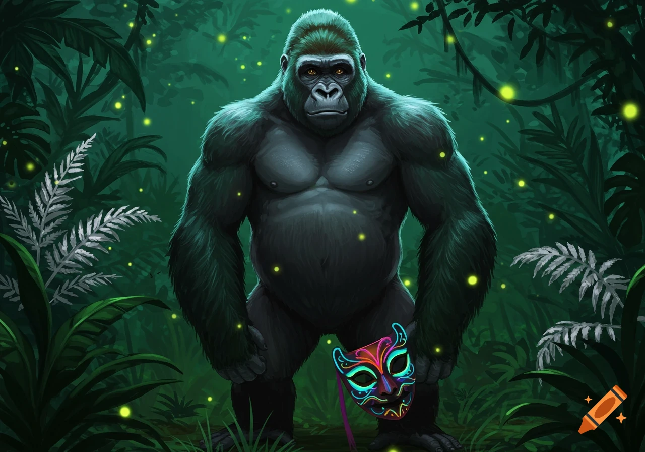 A muscular gorilla stands in a dark, glowing jungle with a colorful mask at its feet, in a stylized illustration.