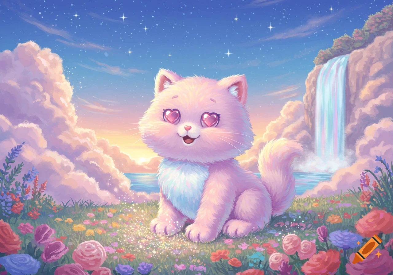 A fluffy pink cat with heart-shaped eyes sits in a vibrant flower field under a dreamy, starry sky with clouds and a rainbow waterfall.